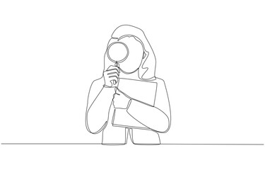 Continuous one line drawing of female employee holding magnifying glass in front of her eye, professional auditor concept, single line art