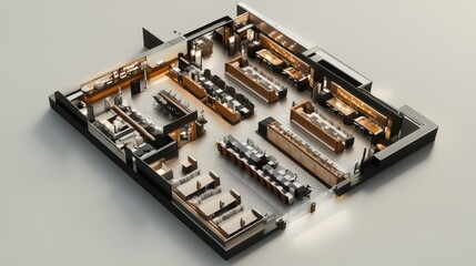 Detailed isometric view of a contemporary restaurant floor plan design
