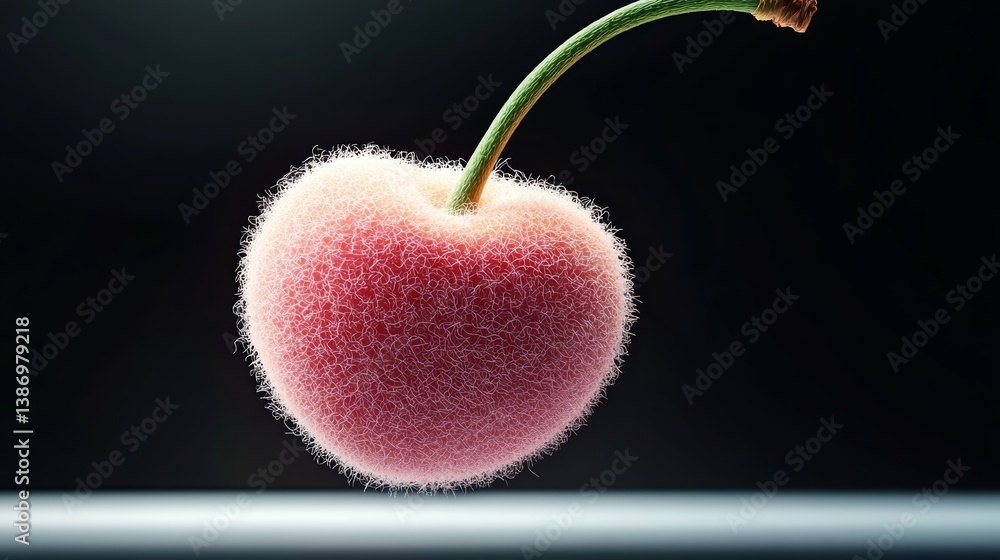 Poster a fuzzy pink cherry with a green stem. the fuzzy texture of the cherry gives it a soft and delicate 