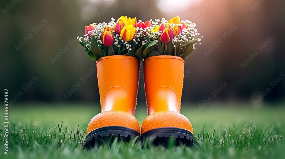 Poster two orange boots with flowers in them are standing in a grassy field. the boots are placed in a way 
