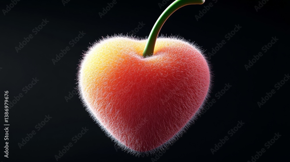 Poster a fuzzy red and yellow cherry with a green stem. the heart shape is fuzzy and the fruit is fuzzy
