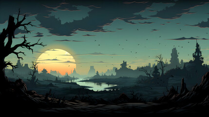 Pixel Art Landscape Featuring a Large Setting Sun Silhouette Trees and Soft Orange Sky with Low Clouds and Subtle Color Gradients