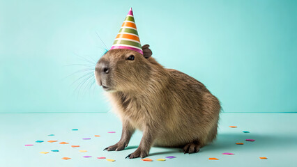 Capybara wearing a striped colorful birthday hat 