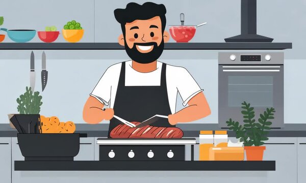 Young man in apron preparing food in the kitchen, flat vector illustration