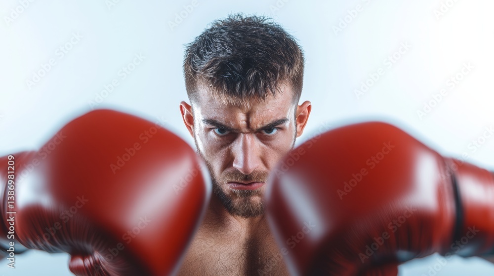Poster a man in a red boxing glove is looking at the camera with a serious expression. concept of determina