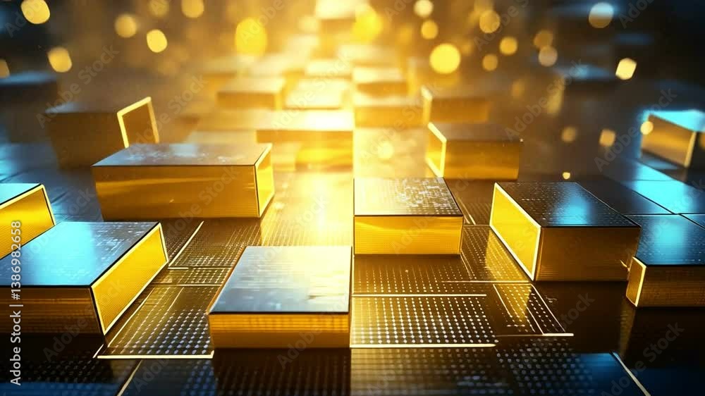 Poster abstract digital background featuring glowing golden blocks and vibrant lights, creating futuristic 