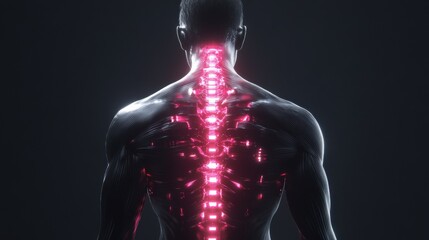 Human Anatomy Revealing Spine with Neon Lights in Dark Background