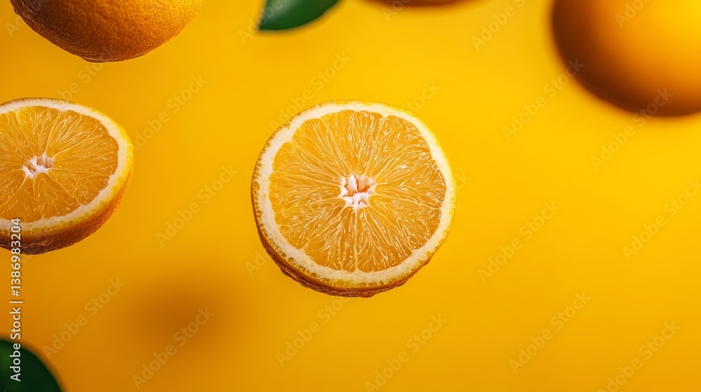 Poster a close up of an orange with a slice missing. the orange is surrounded by a yellow background