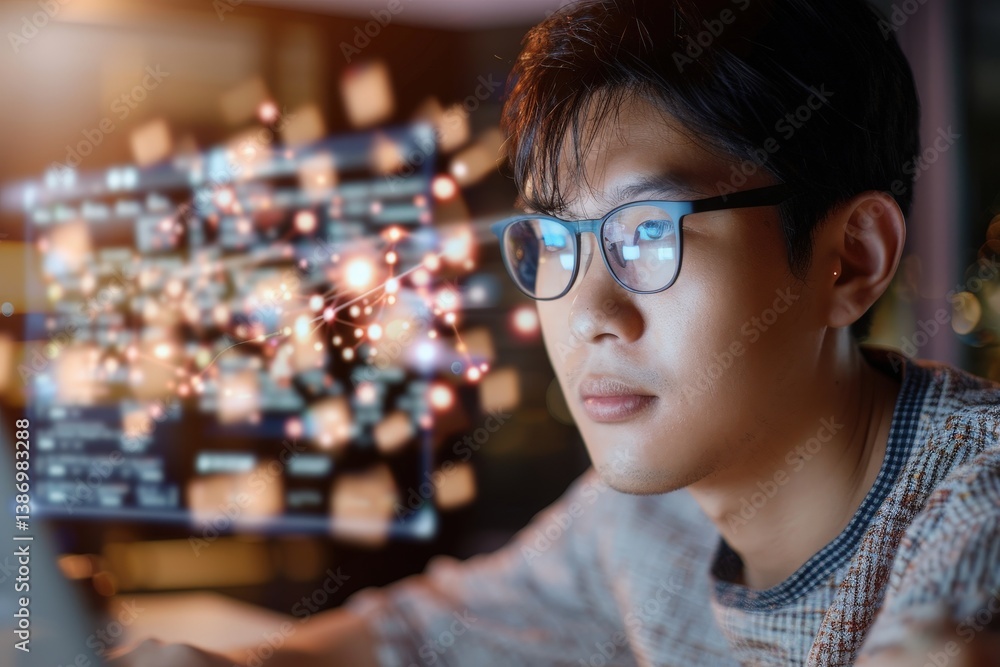 Poster focused young man analyzing data on computer screen in dimly lit office with digital visualization o