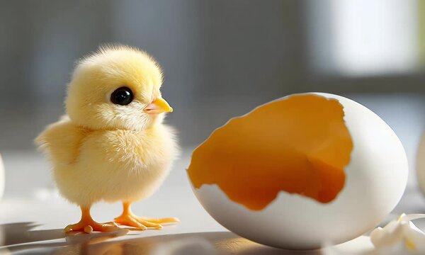 A tiny cartoon chick hatching shyly from a smooth egg, fragments scattered on a white surface