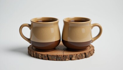 Fototapeta premium Two Coffee Mugs Sitting on a Wooden Slice Surface