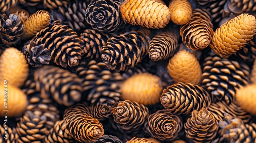 Poster a close up of pine cones with some brown and some yellow. the pine cones are arranged in a way that 