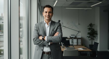 Fototapeta premium Successful Office Worker Standing by Window, Confident Corporate Man Smiling