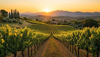 Tuscan vineyard at sunrise. Lush rows of grapevines stretch into the golden light of a picturesque sunrise over rolling hills