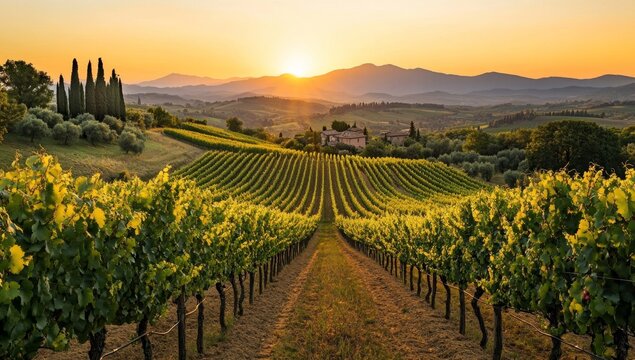 Tuscan vineyard at sunrise. Lush rows of grapevines stretch into the golden light of a picturesque sunrise over rolling hills