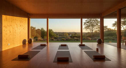 Obraz premium Minimalist Home Yoga Studio with Cork Flooring and Garden View at Sunrise