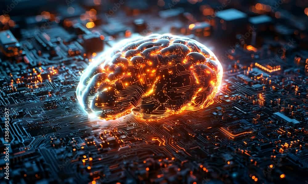 Aufkleber a glowing 3d hologram of an artificial intelligence brain with digital circuits