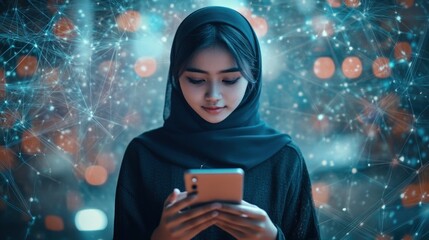 Modern muslim woman using smartphone with digital network overlay