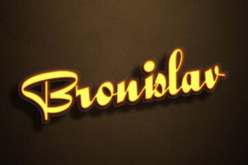 Yellow Neon Light Text Effect of name Bronislav on Golden background.