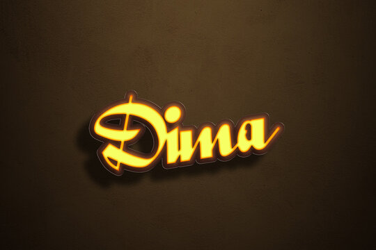 Yellow Neon Light Text Effect of name Dima on Golden background.