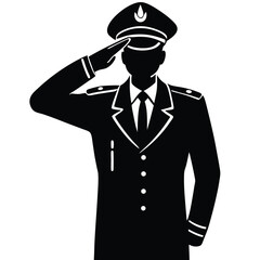 Silhouette Of A Policeman Saluting Wearing Uniform With Hat Vector Illustration.