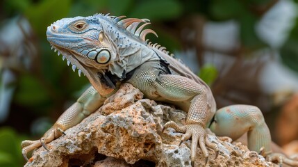Naklejka premium Close-up of a Colorful Iguana Sunbathing on a Rock Surrounded by Lush Greenery