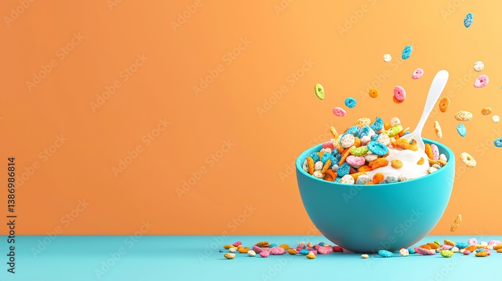 Poster a bowl of colorful cereal with a spoon in it is scattered across a table. the bowl is blue and the c