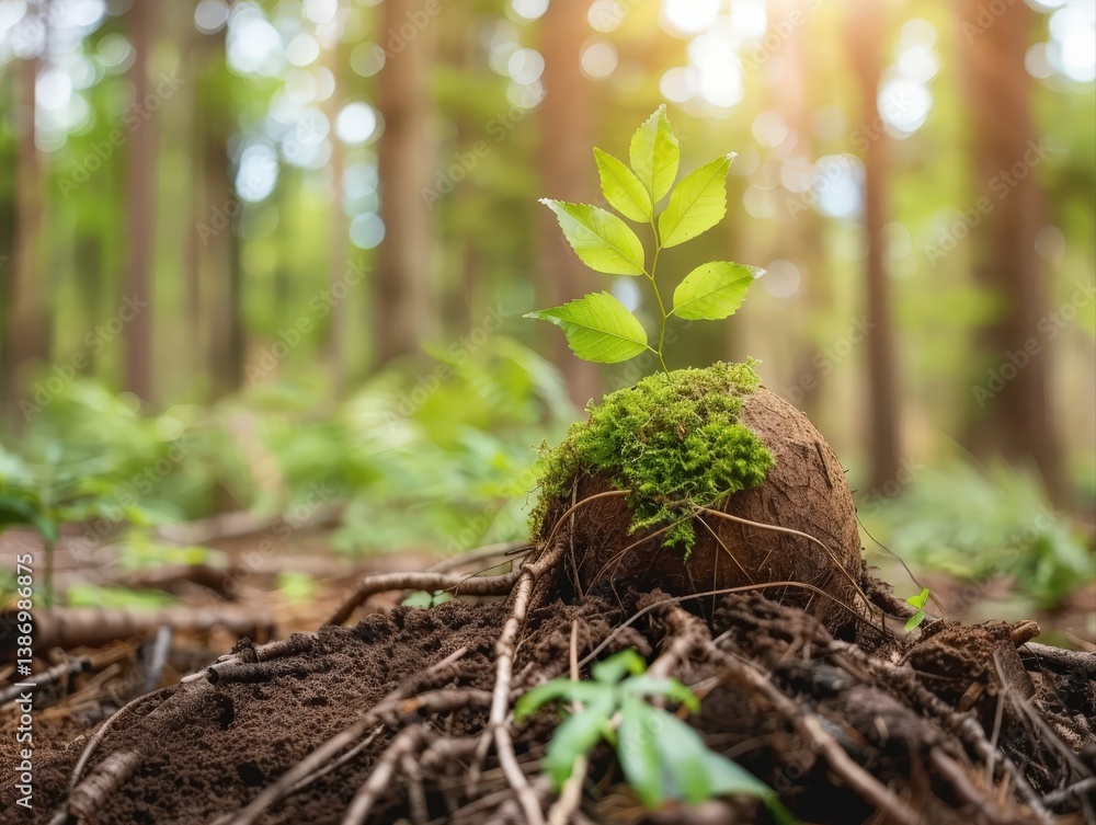 Poster green seedling growing from soil with sunlight filtering through trees in forest setting