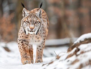 Obraz premium Majestic Lynx Walking Gracefully Through the Snowy Forest Landscape in Winter Season
