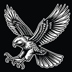 Aggressive Swooping Eagle – Vintage Tattoo Vector on Black Background