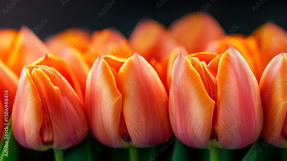 Poster a row of orange tulips with green leaves. the flowers are arranged in a row and are all facing the s