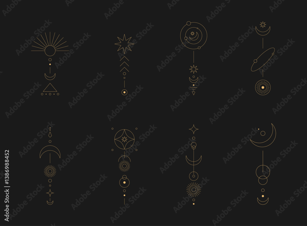 Poster set of moon and sun line art. minimal boho linear symbols. celestial mystic element. vector line art