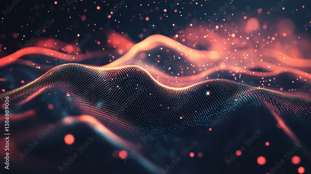 Poster abstract landscape with glowing particles and wavy lines in a dark and red color scheme design