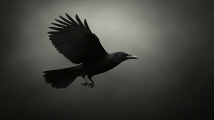 Obraz premium A black bird soaring gracefully against a dark background.