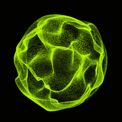 Abstract green sound sphere in the shape of distorted ball. Mesh wavy structure with flying particles. Modern futuristic backdrop. 3d rendering.
