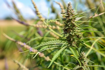 Green Cannabis Plant Close-Up with Fluffy Buds and Leaves in a Natural Outdoor Setting