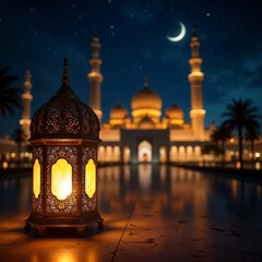Islamic Lantern with Glowing Light in Front of Mosque at Night – Crescent Moon, Minarets, and Ramadan Ambience