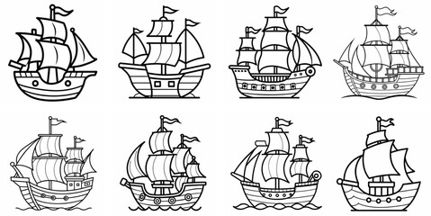 Vintage Pirate Ship &ndash; Outline Coloring Book Line Art Set