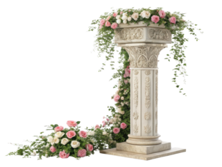 beautiful pillar adorned with delicate roses and lush greenery creates enchanting atmosphere perfect for celebrations