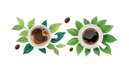 Coffee cups surrounded by green leaves and coffee beans