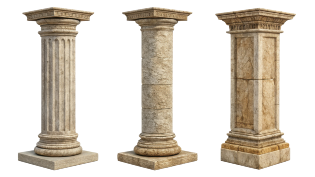 Ancient pillars showcase intricate designs and textures, standing tall as symbols of strength and elegance in architecture
