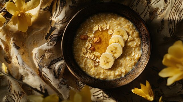 A hearty bowl of oatmeal with banana slices, almonds, and honey. Featuring warmth and nourishment