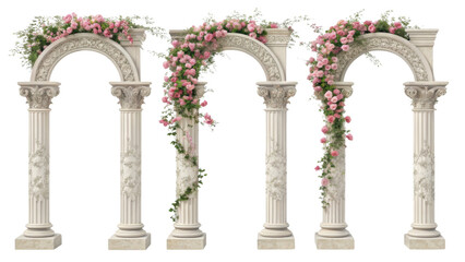 Elegant pillars adorned with lush pink roses create stunning visual display, perfect for enhancing any romantic setting or event