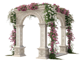 beautifully crafted pillar arch adorned with vibrant flowers creates stunning focal point for any outdoor event