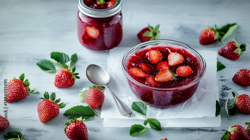 Poster a bowl of strawberries with a spoon in it is on a table. there are two jars of strawberry jam on the