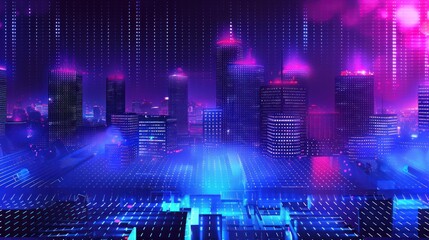 Fototapeta premium A cityscape with a purple sky and buildings lit up in neon colors