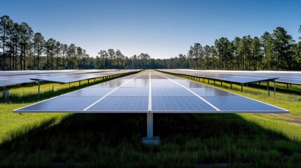 Fototapeta premium Solar panels array stretches across a field, under a clear sky