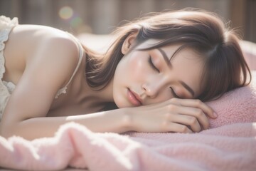 Fototapeta premium Peaceful Young Woman Sleeping on Pink Bed, Serene Slumber, Relaxation, Morning Light, Beauty Sleep, Comfortable Rest, Well-being, Lifestyle