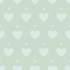 Pastel green hearts on a gray-green background. Seamless pattern in flat style. Background for paper, card, textile, gift wrap, cover.