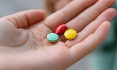 hand and Different colours tablets in the palm, Generative AI